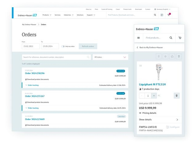 My Endress+Hauser tranzakciók/e-commerce  funkciók